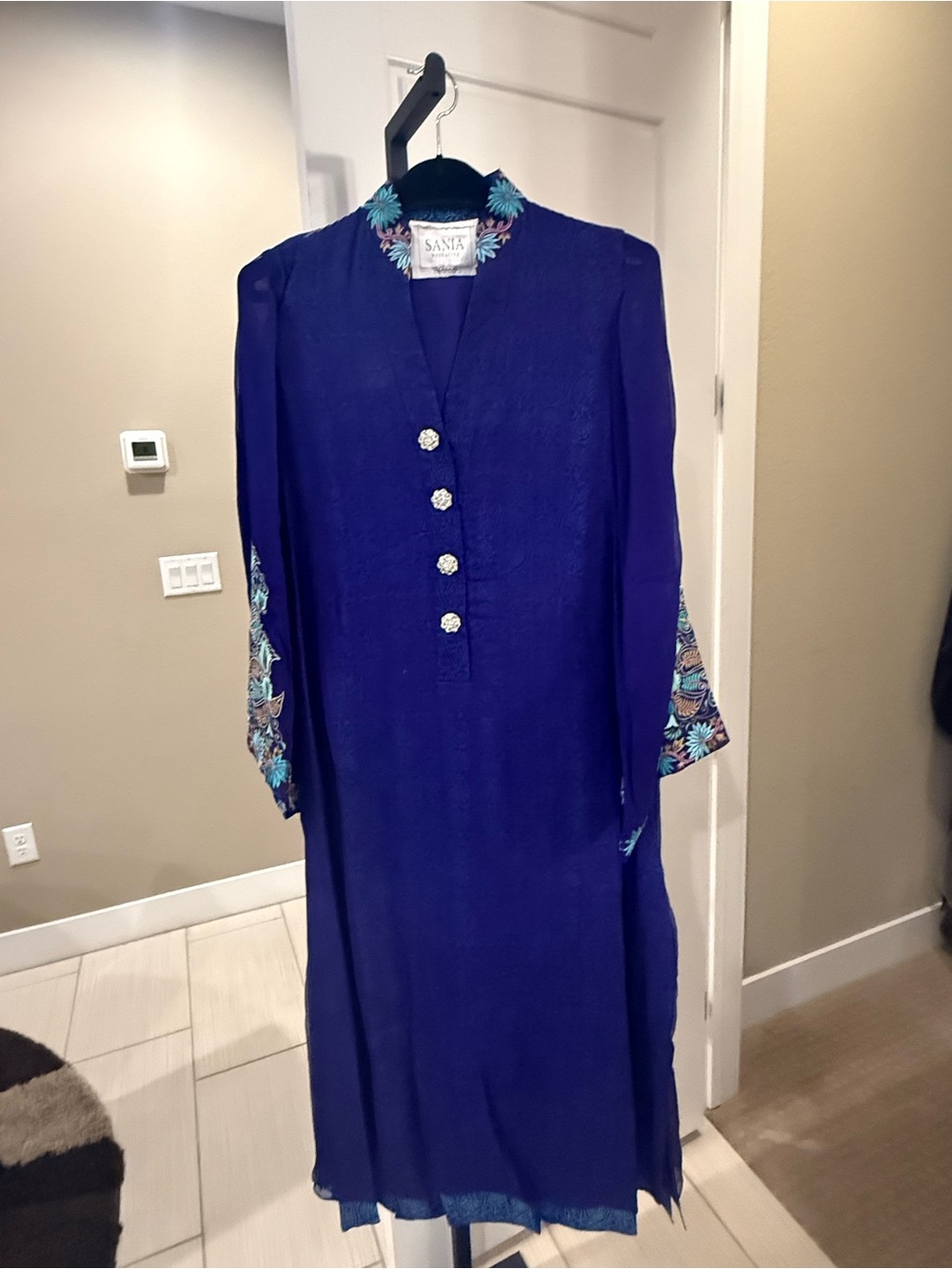 Santa Embroidered Long Sleeve Maxi Dress in Deep Blue